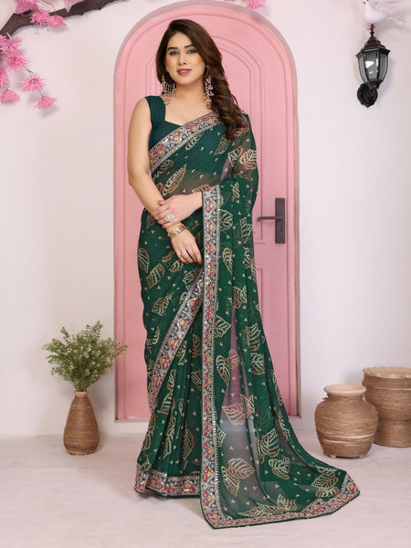 Ai Fashion Green Georgette Rajwadi Bandhani Print Party Wear Saree