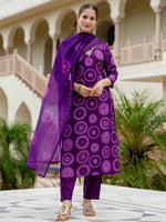 Thumbnail for The52 Purple Women's Gorgeous Rayon Embroidered Straight Kurta with Pant And Dupatta Set - Distacart