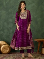 Thumbnail for The52 Wine Women's Gorgeous Embroidered Work Vichitra Silk Fabric Flared Kurta Pant and Dupatta Set - Distacart