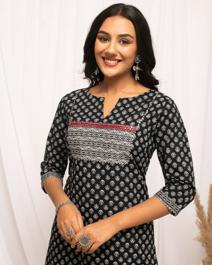 FIORRA Women's Floral Printed Black Cotton Straight Kurta - Distacart