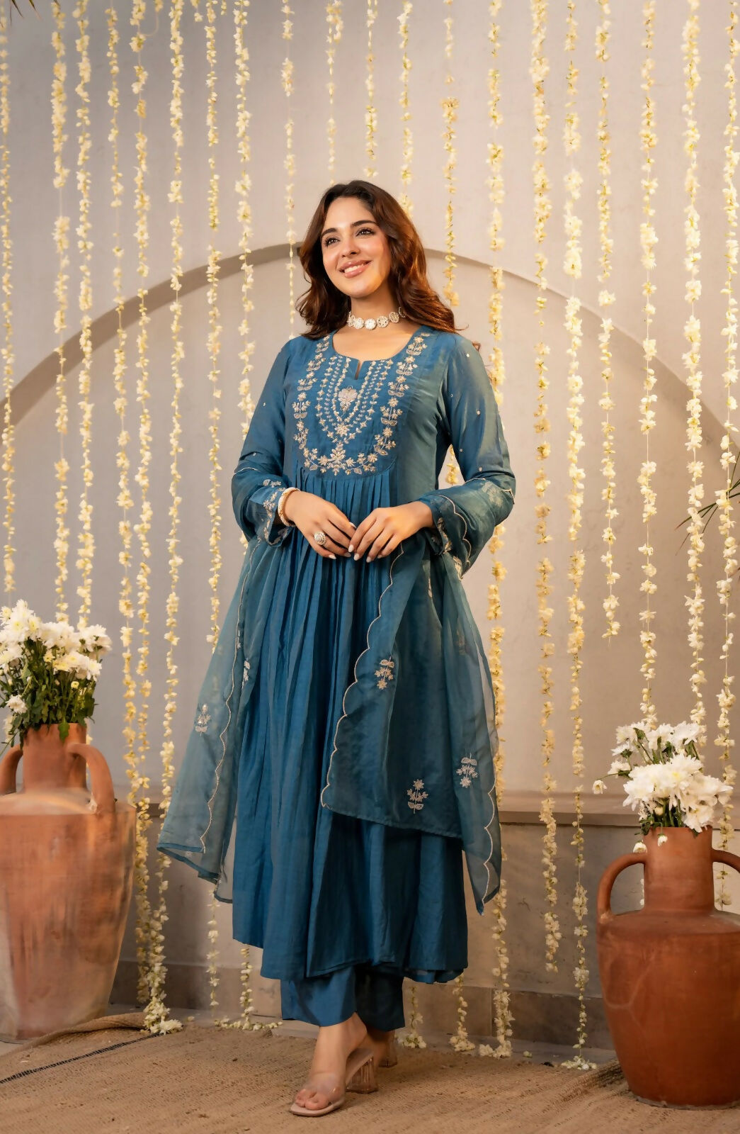 The52 Women's Beautiful Embroidery Work Chanderi Silk Fabric Flared Kurta Pant and Dupatta Set - Dista