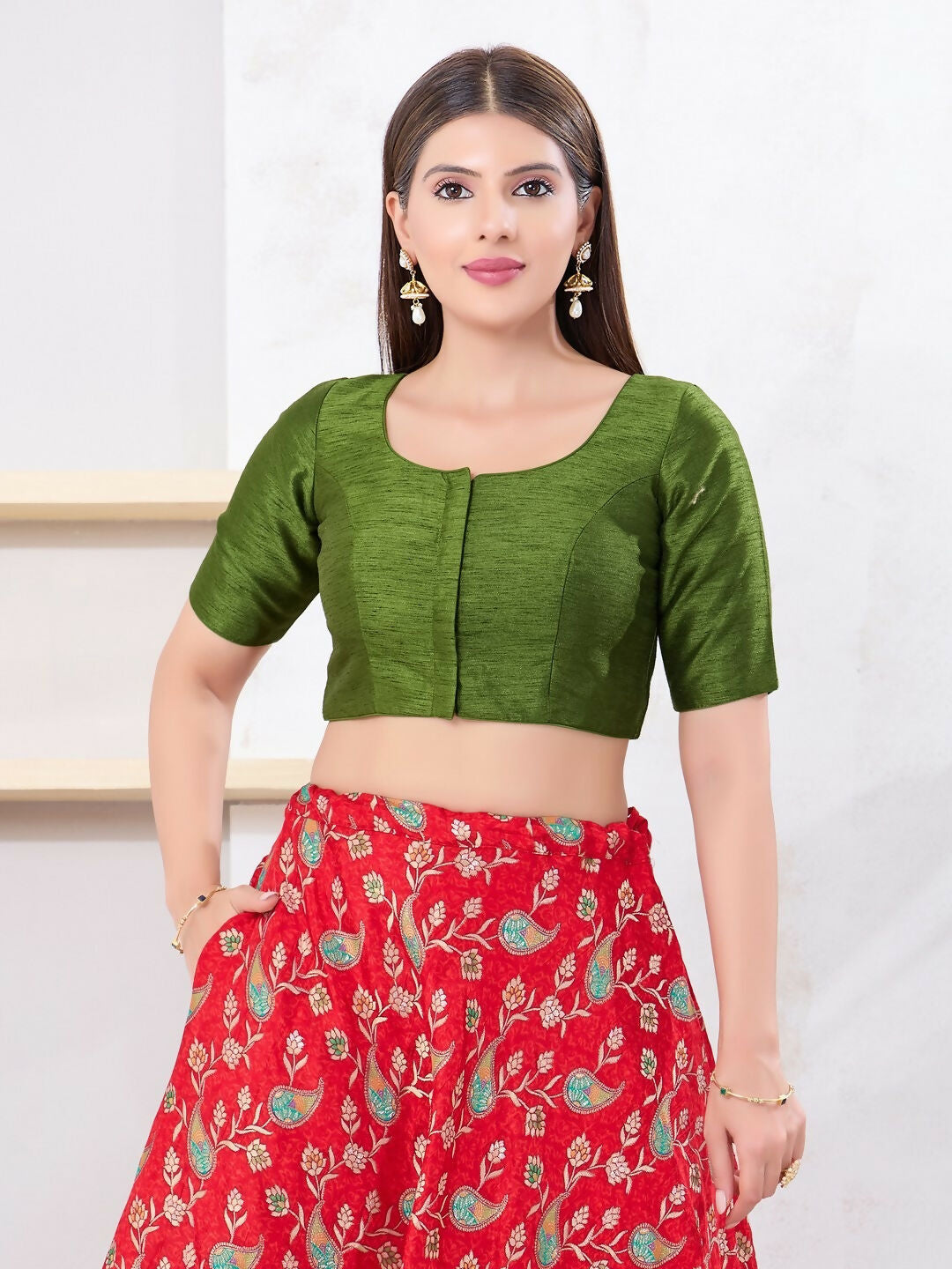 Joban Fashion Mehendi-Green Dupion Silk Elbow Sleeveless Front Open Blouse