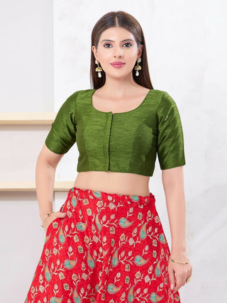 Joban Fashion Mehendi-Green Dupion Silk Elbow Sleeveless Front Open Blouse