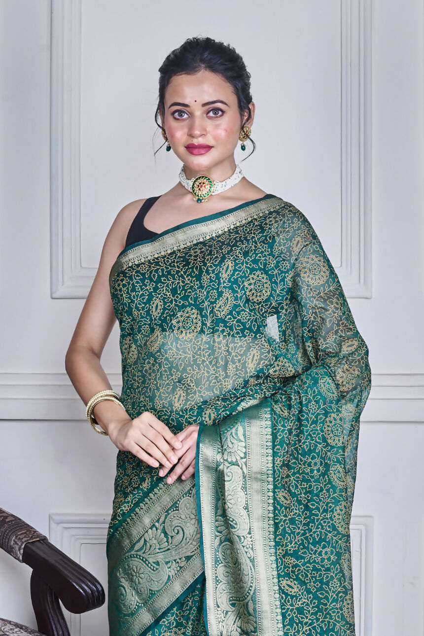 Morchari Green Script Printed Orzanga Saree Unstitched Blouse