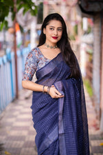 Thumbnail for Blue Linen Sequence Saree with Unstitched Blouse - Hiral Fashion - Distacart
