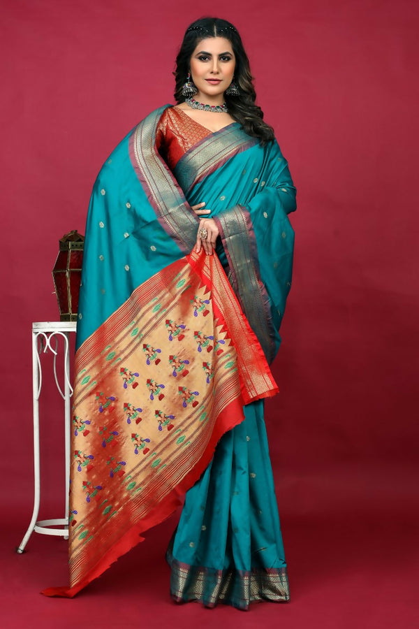 Jyoti Fashion Women's Sky Blue Paithani Silk Zari Woven Saree with Blouse - Distacart