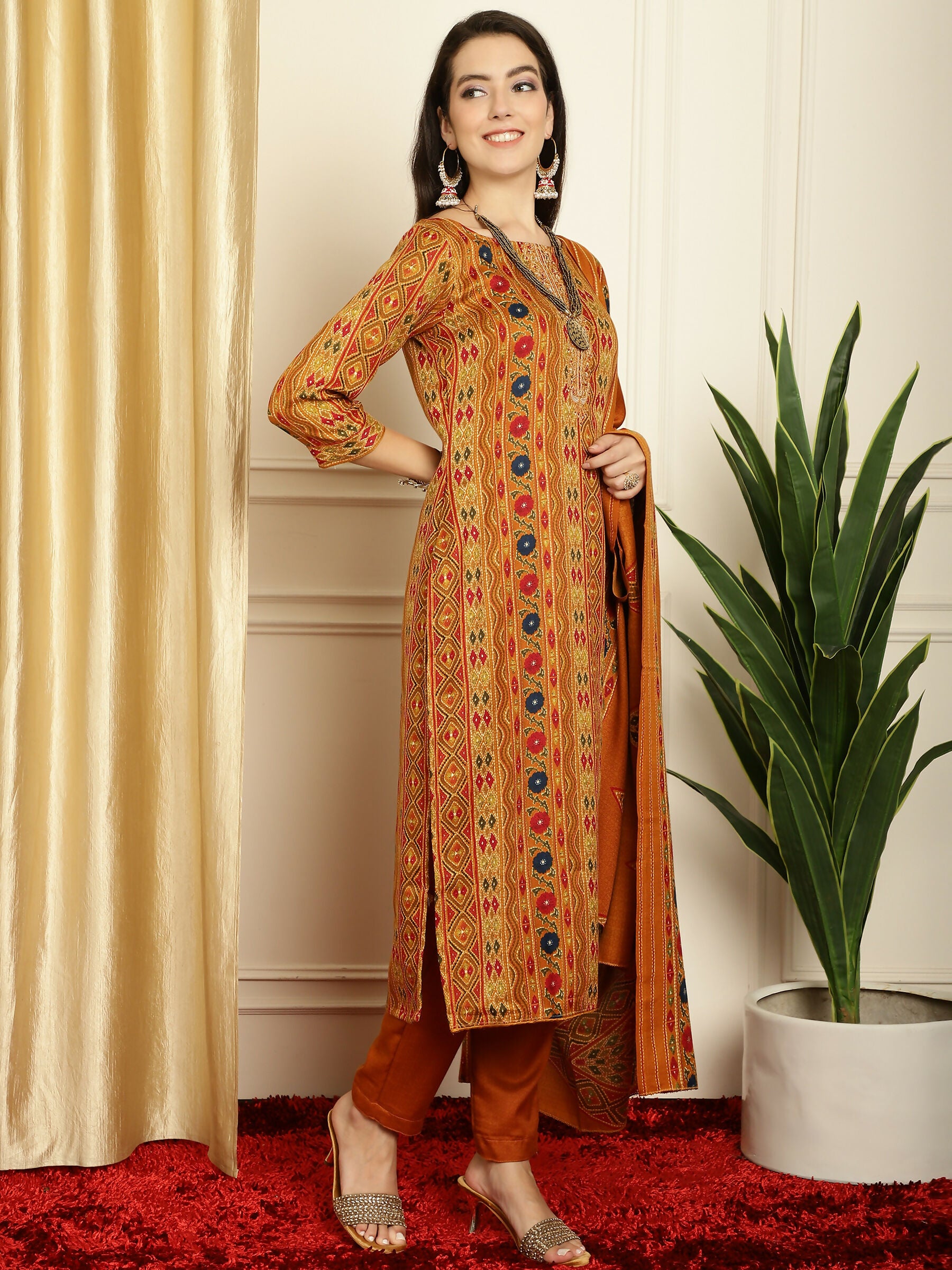 Jyoti Fashion Women's Mustard Pashmina Floral Digital Printed Kurta with Trouser & Dupatta - Distacart