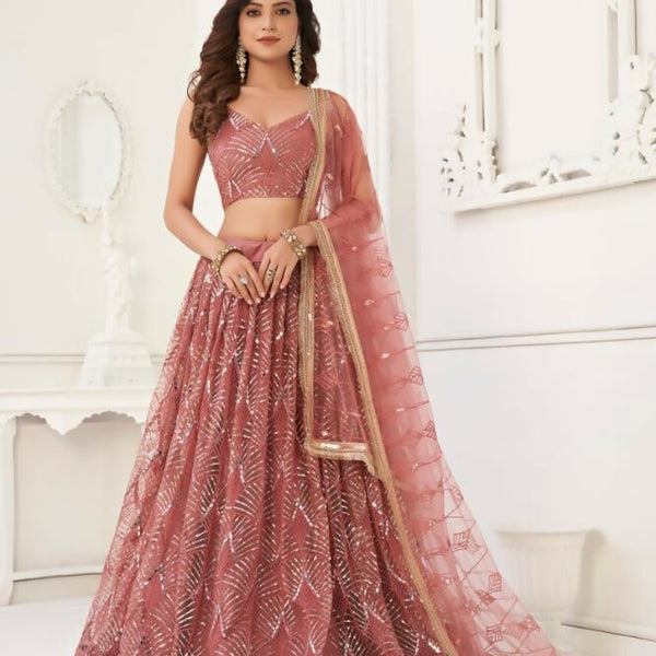 Aastha Fashion Dusty Onion Pink Butterfly Net Tone To Tone Thread Work, Sequence Work And Original Mirror Work Embroidery Wedding Wear Lehenga Choli - Distacart