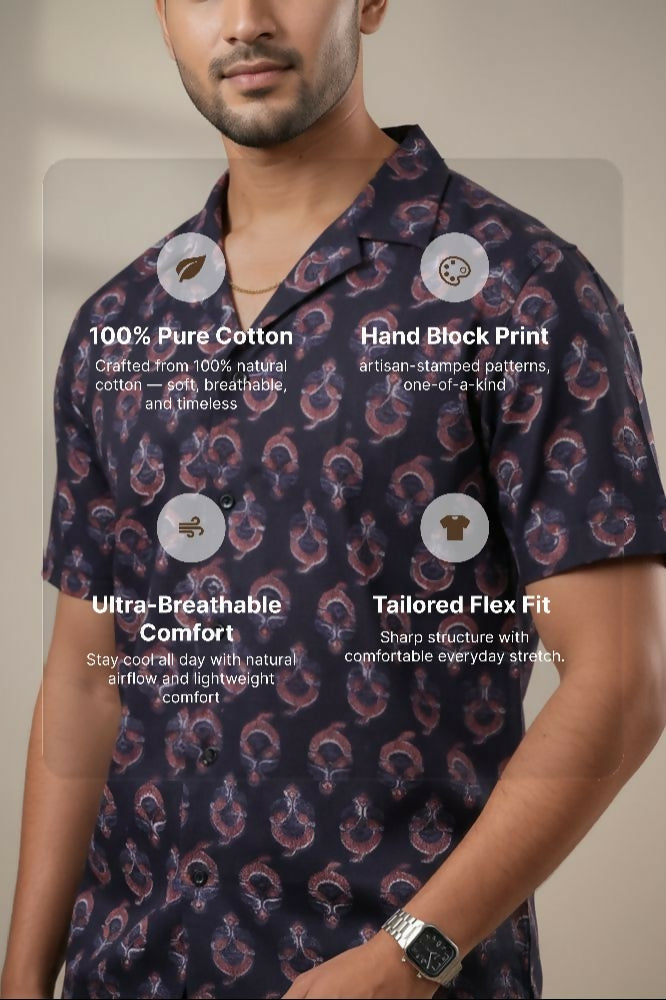 Paisley — Dark Blue Ajrakh Cotton Shirt by Hilo Design - Dista