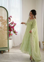 Thumbnail for Teeya Creation Pista Color Faux georgette Embroidery Work Wedding Wear Gown - Distacart