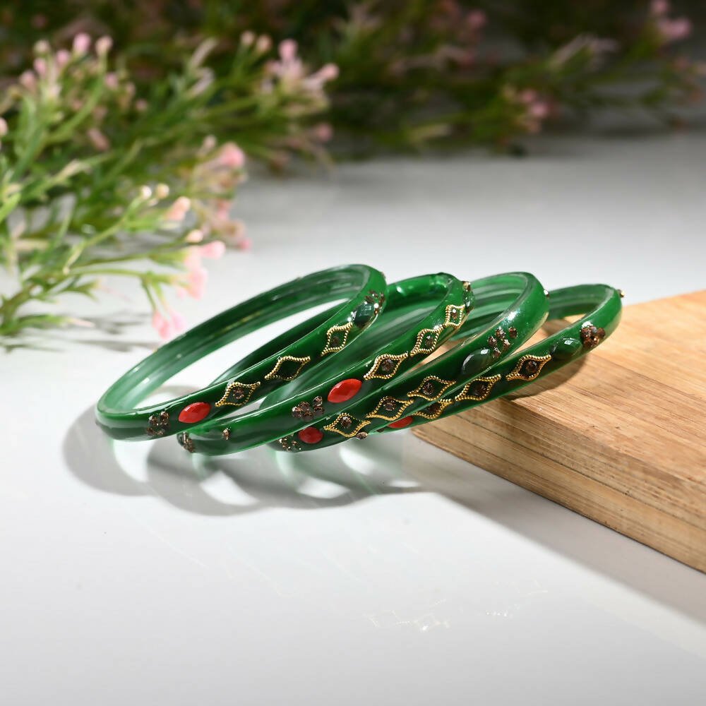 Afast Designer Fancy Party Bangle/ Kada Set, Green, Glass, Pack Of 4 - Distacart