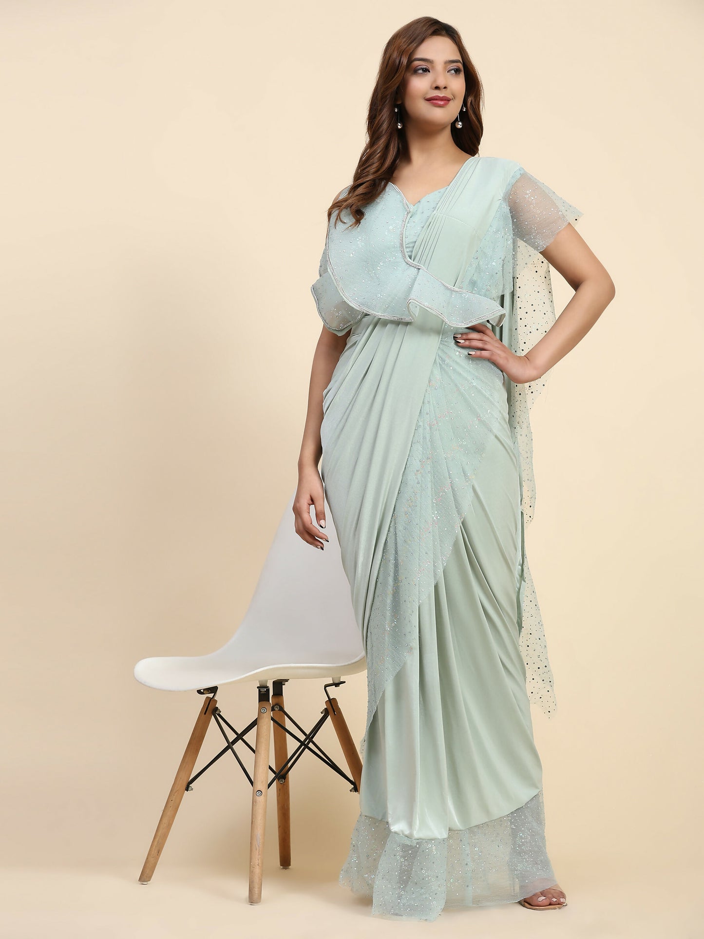 Light Blue Lycra Solid Ready to Wear Saree with stitched Blouse - Nita - Distacart