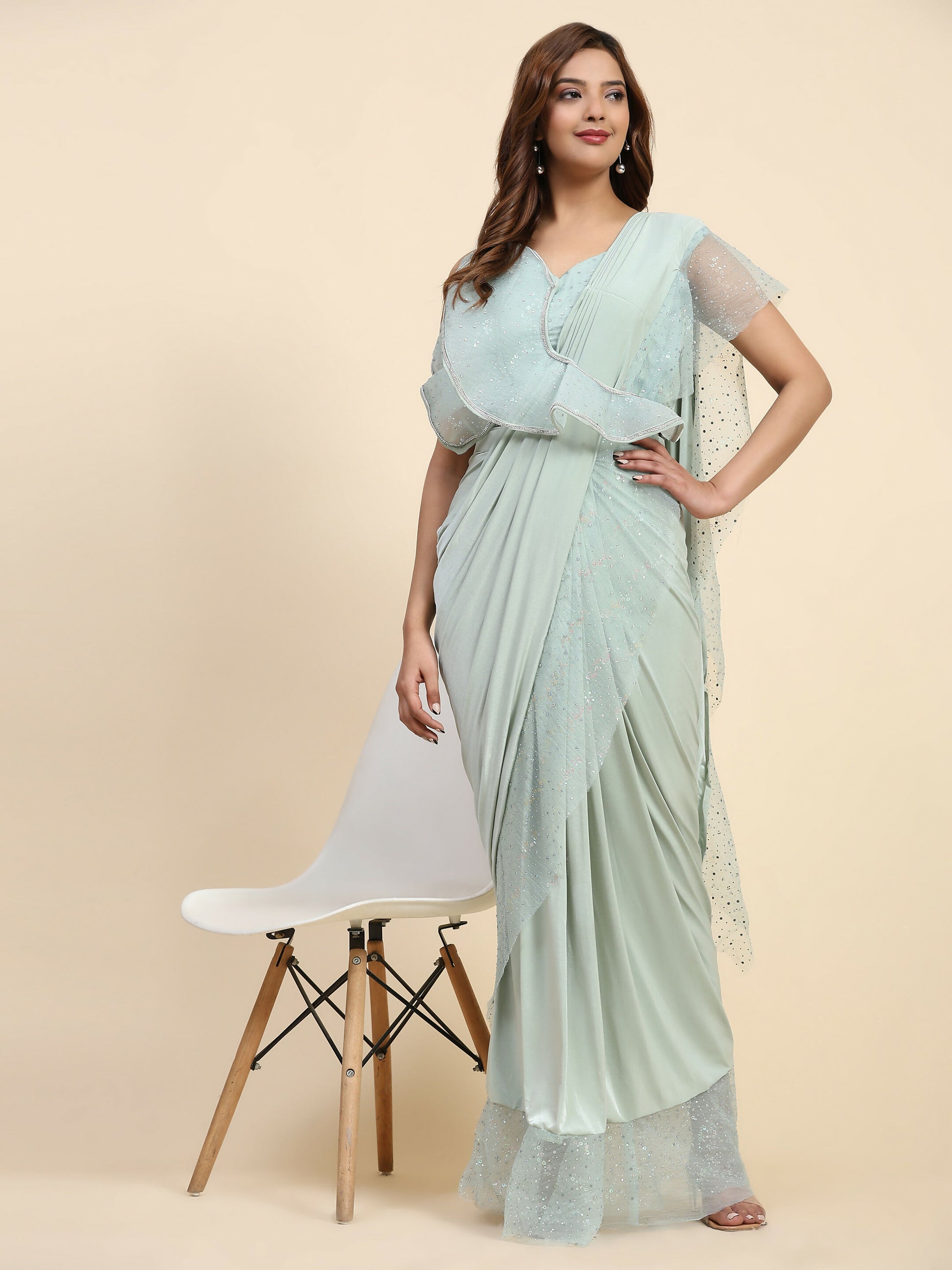 Light Blue Lycra Solid Ready to Wear Saree with stitched Blouse - Nita - Distacart