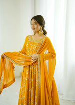 Thumbnail for Teeya Creation Yellow Color Heavy Faux Georgette Embroidery Work Gown