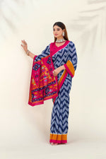 Thumbnail for Vastranavya Blue Tussar Silk Zigzag Waves Printed Saree with Unstitched Blouse - Distacart