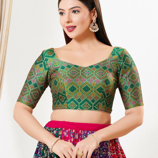Joban Fashion Green Multi Brocade Padded Blouse With Sweetheart Neck Elbow Sleeves - Distacart