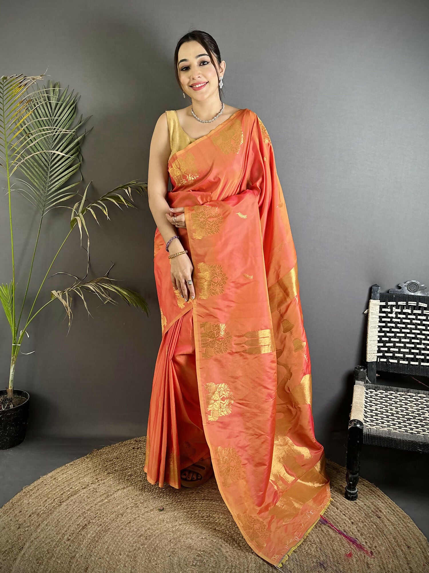 Joban Fashion Orange Motifs Zari Weaving Soft Silk Banarasi Saree - Dista