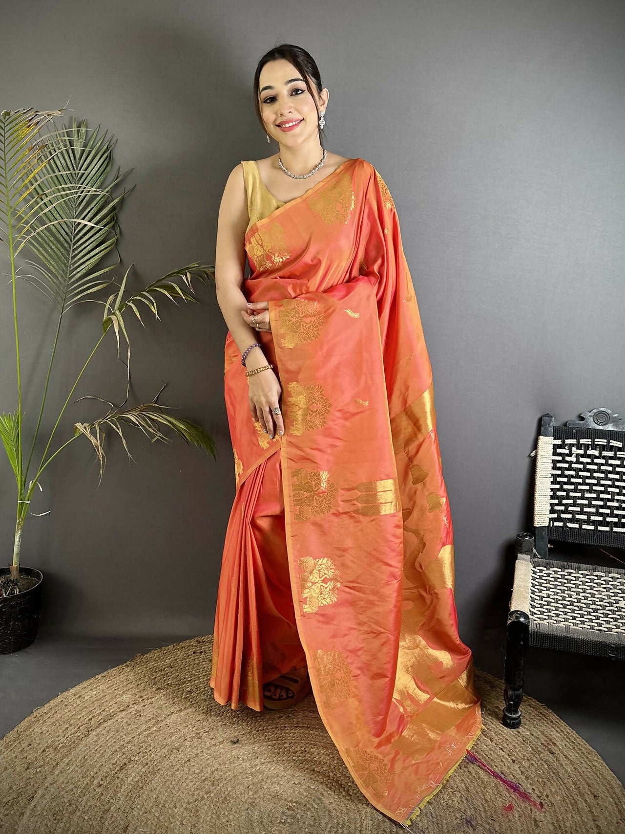 Joban Fashion Orange Motifs Zari Weaving Soft Silk Banarasi Saree - Dista