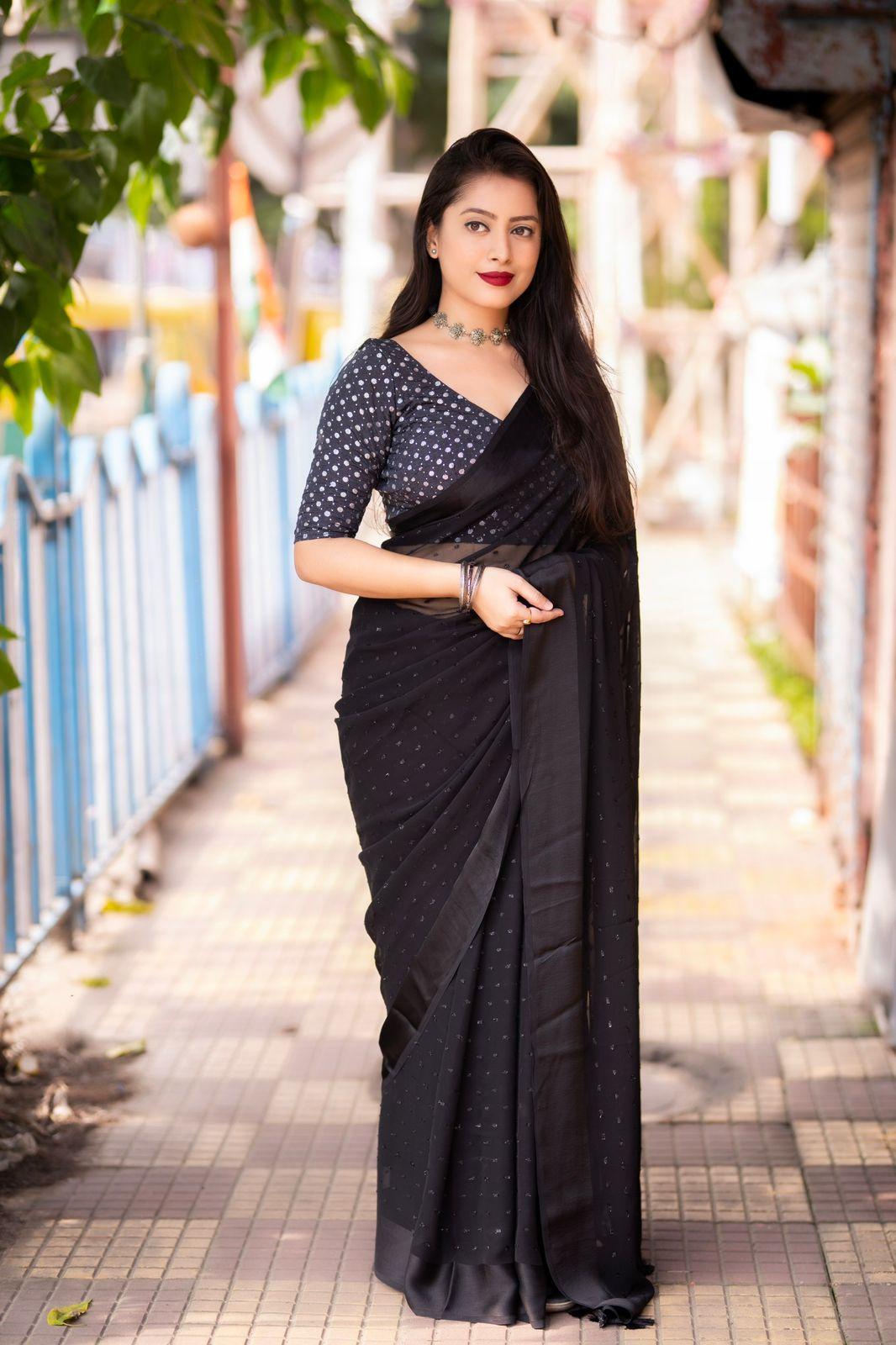 Black Poly Chiffon Woven Design Saree with Unstitched Blouse - A2M - Distacart