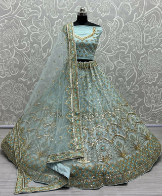 Jyoti Fashion Women's Sky Blue Bridal Net Fancy Sequins with Multi Thread Embroidered & Handwork Wedding Lehenga Choli - Distacart