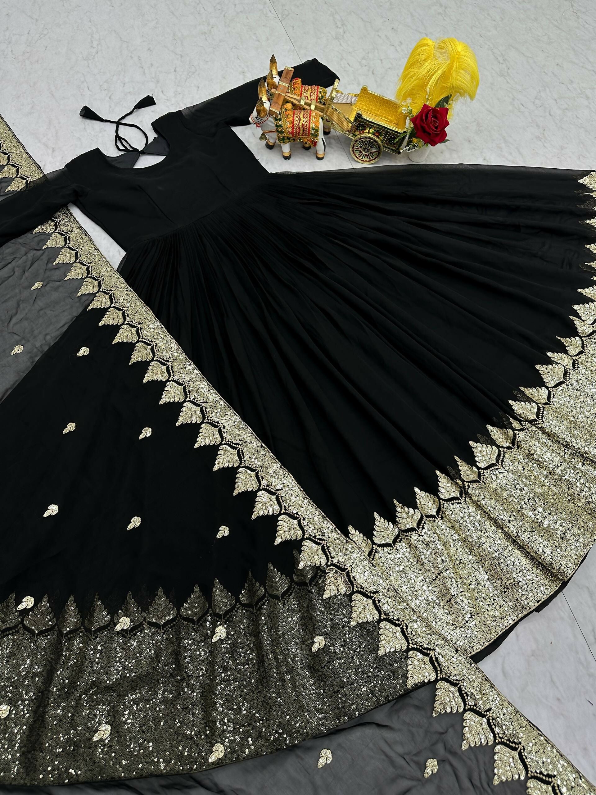 Teeya Creation Womens New Stylish Heavy Sequence Embroidery Work Black Gown Set - Dista