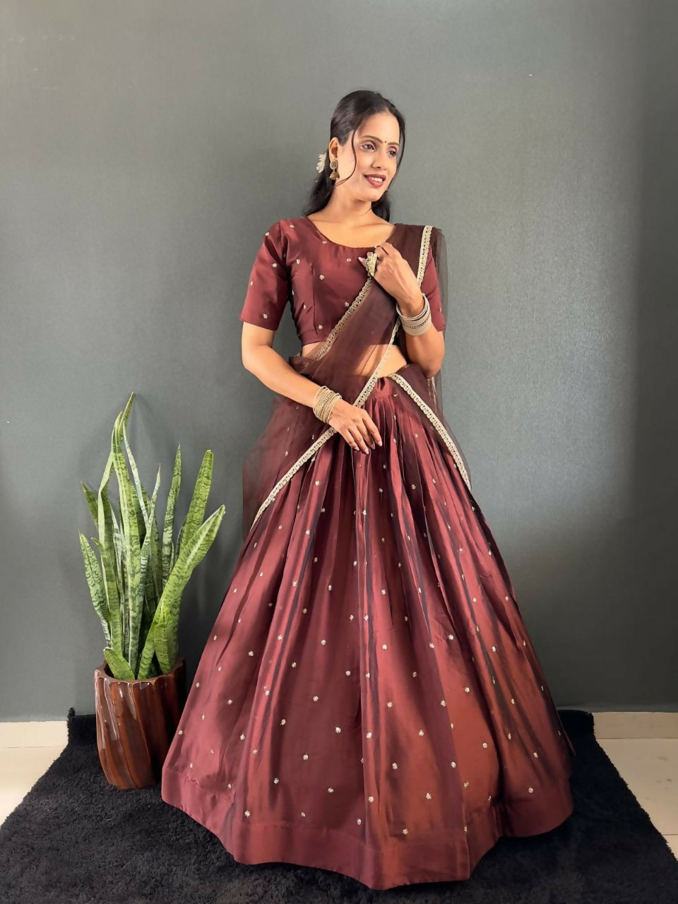 Teeya Creation New Trendy Stylist South Style Lehenga Choli Set - Brown - Dista