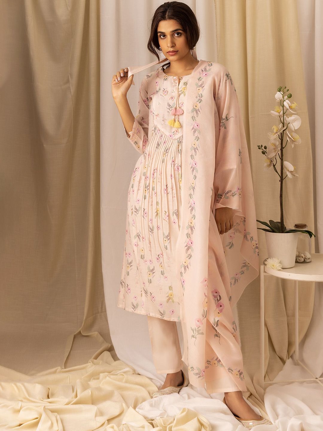 Ode by House of Pataudi Floral Printed Pleated Style A-Line Kurta With Trousers & Dupatta - Distacart