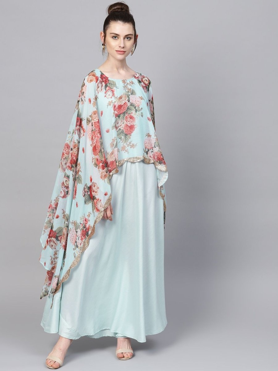 Ahalyaa Aqua Blue Poly Silk Kurta With Attached Printed Dupatta - Distacart