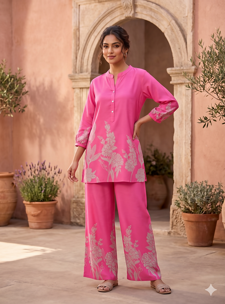 Teeya Creation Stylish Pink Casual Co-ord Set with Floral Print - Dista