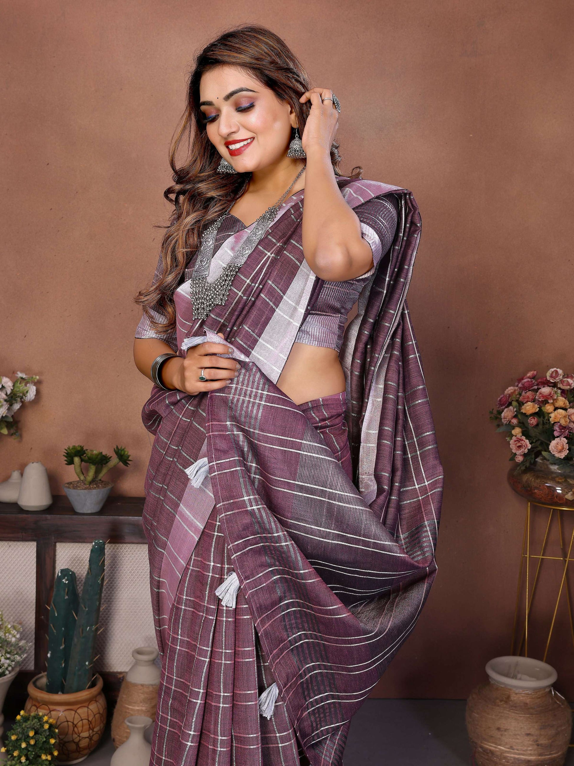 Aastha Fashion Lavender Linen Weaving Saree - Distacart