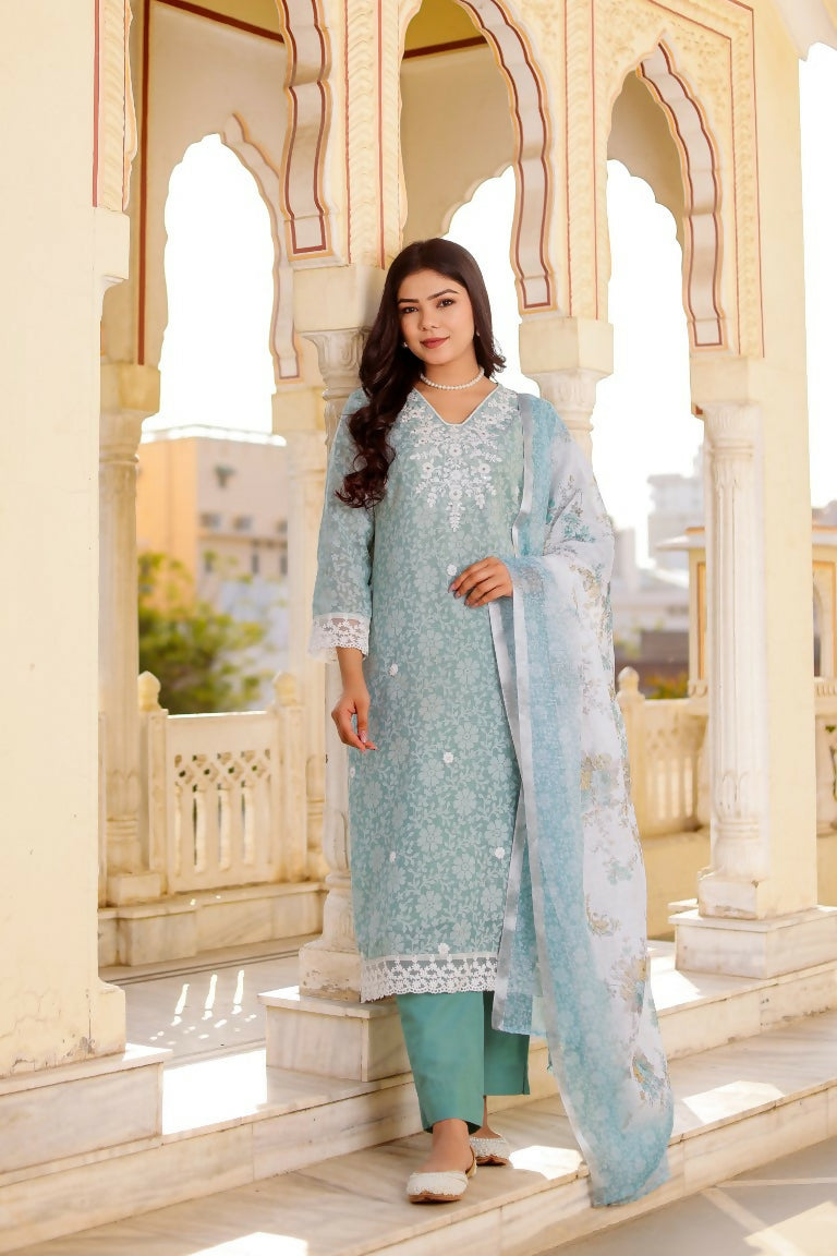 Vaasva Women Sky Blue Linen Floral Printed Kurta, Pant & Dupatta set - Distacart