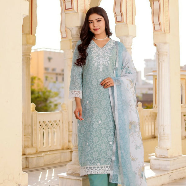 Vaasva Women Sky Blue Linen Floral Printed Kurta, Pant & Dupatta set - Distacart