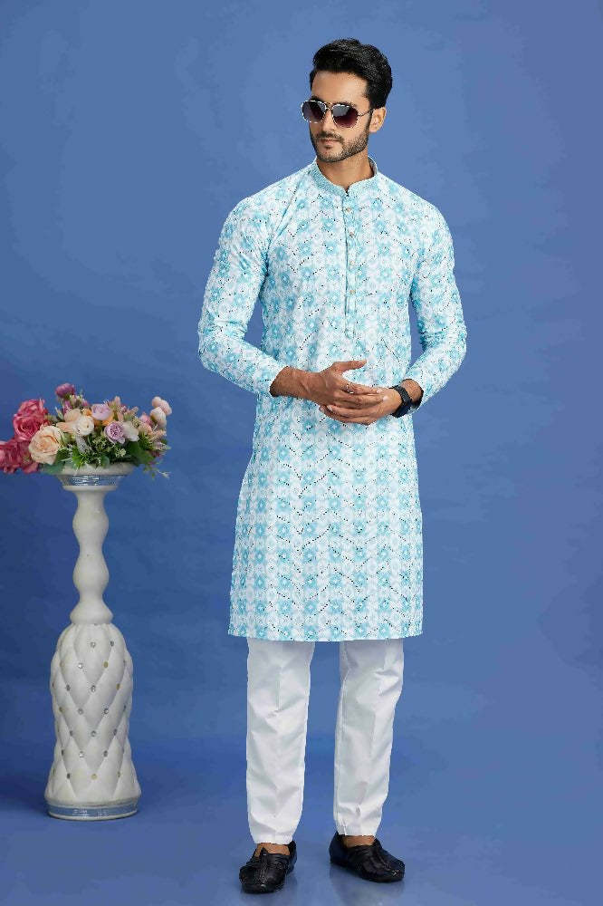 Raivat Ethnic Cotton Embroidery Kurta Pajama In Sky Blue Colour - Dista
