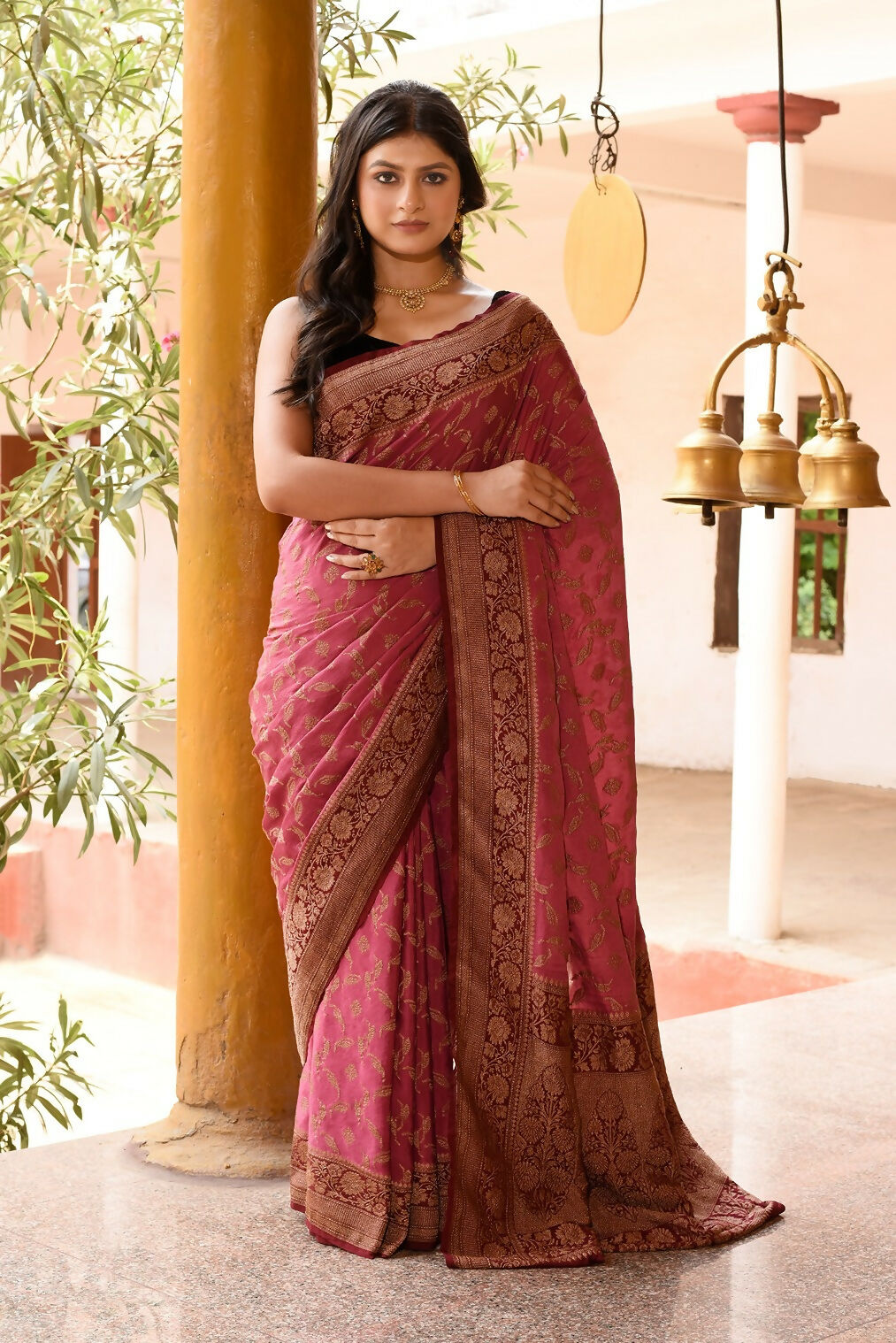 Joban Fashion Dark Pink Crepe Chiffon Pure Handloom Banarasi Silk Saree - Dista