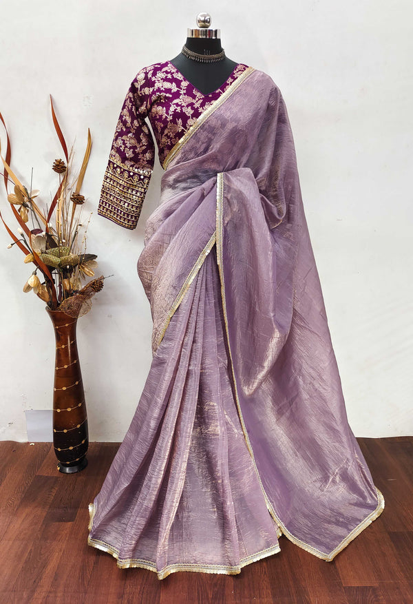 Teeya Creation Onion Color Gold Crush Tissue Saree With Lace Border - Distacart