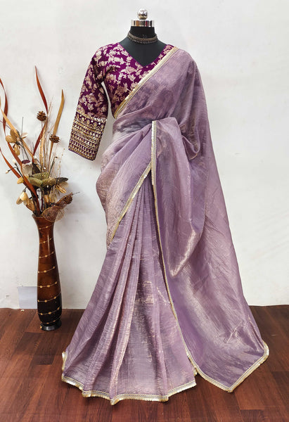 Teeya Creation Onion Color Gold Crush Tissue Saree With Lace Border - Distacart