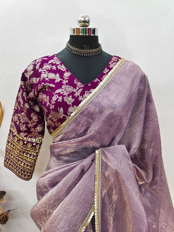 Teeya Creation Onion Color Gold Crush Tissue Saree With Lace Border - Distacart
