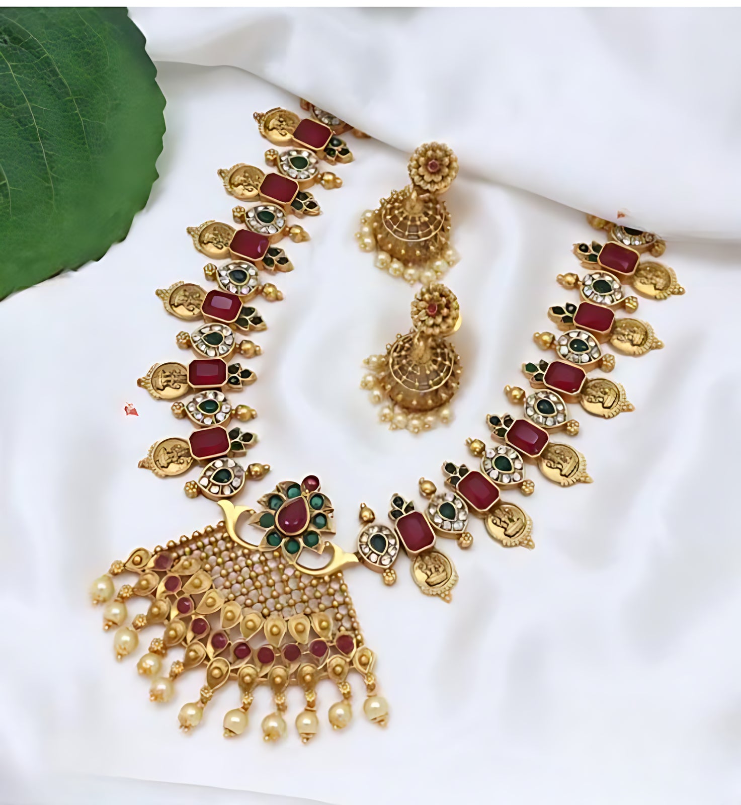 Jewel City Antique Gold Lakshmi Coin Choker Necklace Set with Ruby Red & Emerald Green Stones | Pearl Drop Temple Jewelry