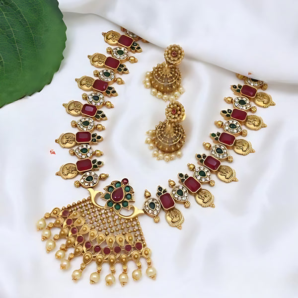 Jewel City Antique Gold Lakshmi Coin Choker Necklace Set with Ruby Red & Emerald Green Stones | Pearl Drop Temple Jewelry