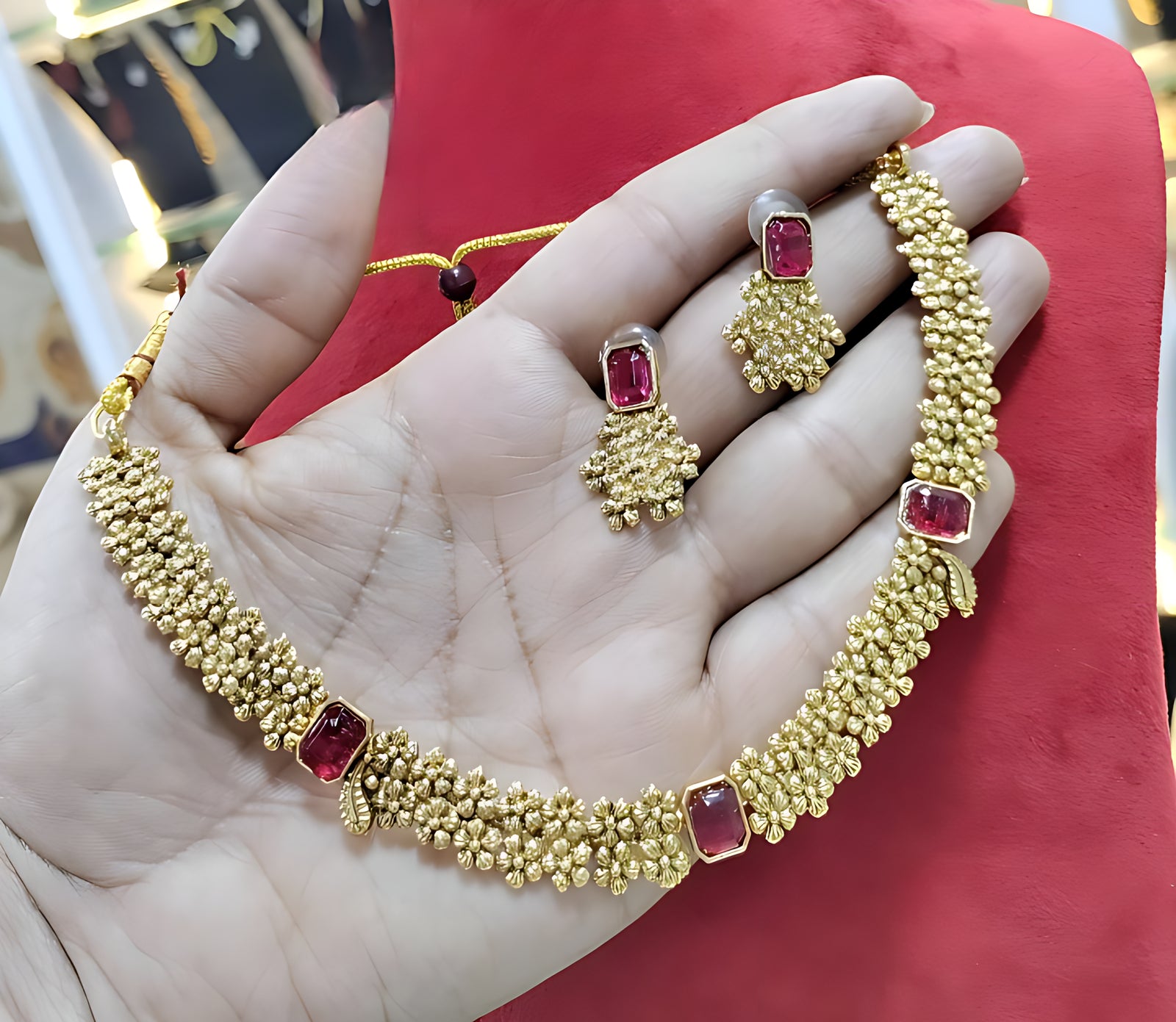Jewel City Designer Gold Floral Necklace Set with Ruby Stones Elegant Matt Gold Finish Jewelry Set for Women