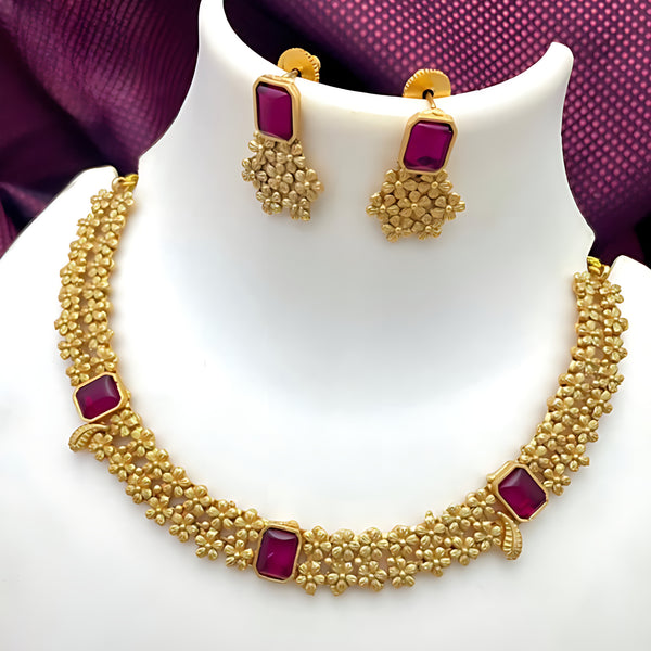 Jewel City Designer Gold Floral Necklace Set with Ruby Stones Elegant Matt Gold Finish Jewelry Set for Women
