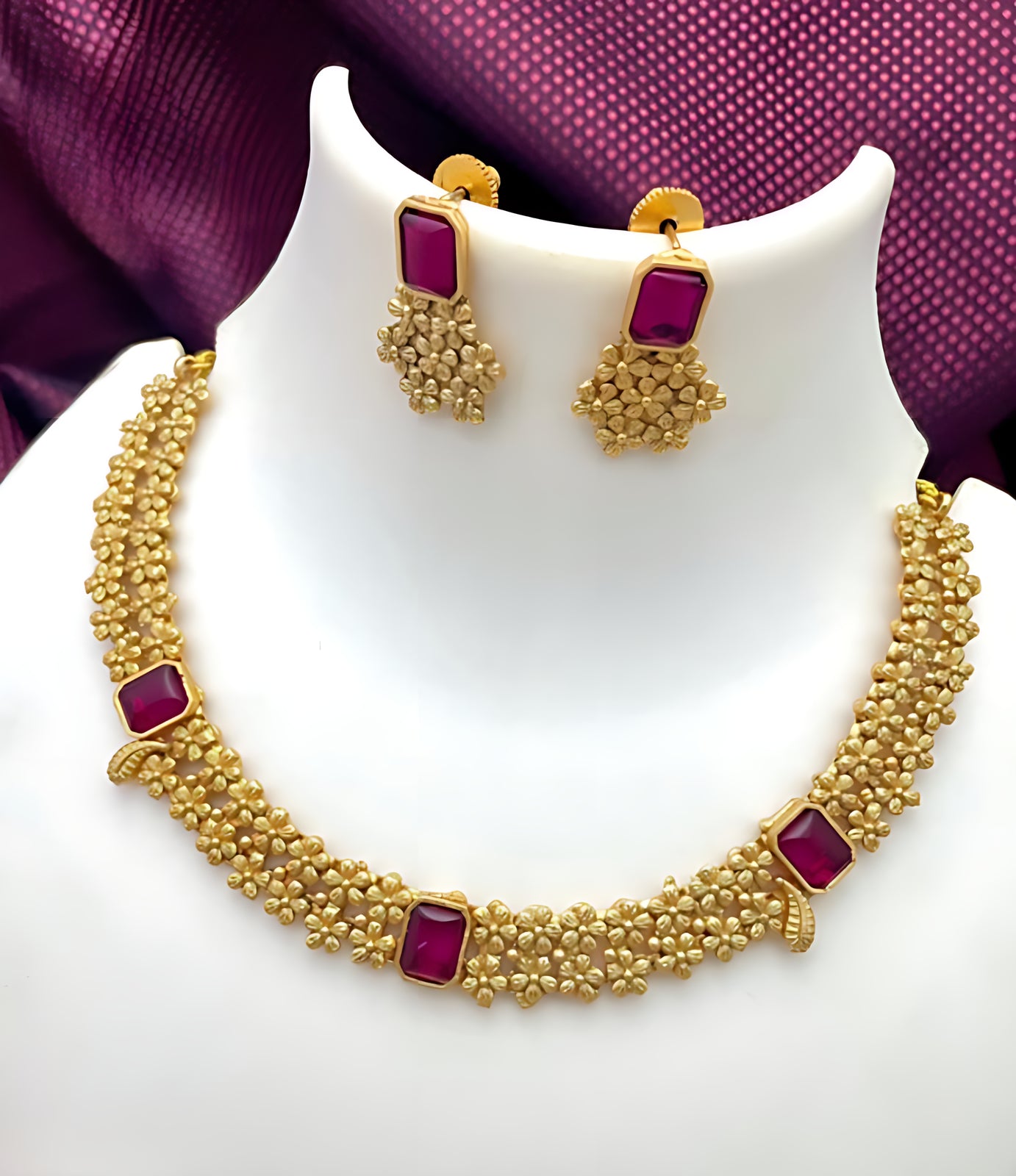 Jewel City Designer Gold Floral Necklace Set with Ruby Stones Elegant Matt Gold Finish Jewelry Set for Women