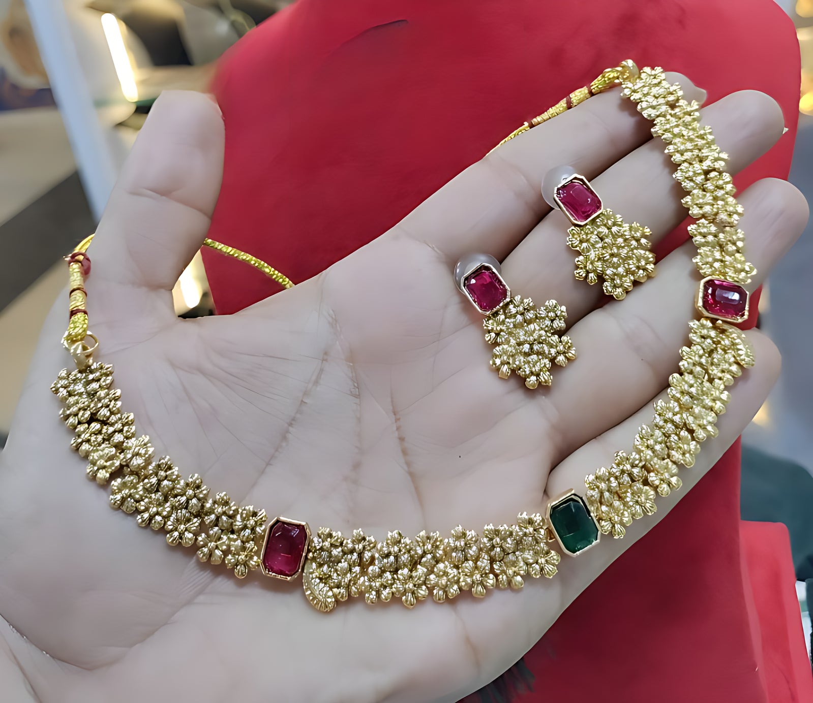 Jewel City Designer Gold Floral Necklace Set with Ruby Green Stones Elegant Matt Gold Finish Jewelry Set for Women