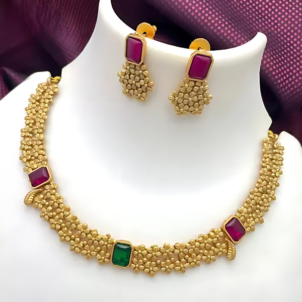 Jewel City Designer Gold Floral Necklace Set with Ruby Green Stones Elegant Matt Gold Finish Jewelry Set for Women - Distacart