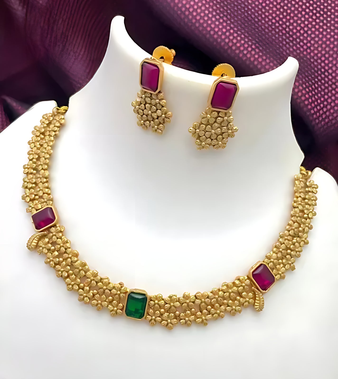 Jewel City Designer Gold Floral Necklace Set with Ruby Green Stones Elegant Matt Gold Finish Jewelry Set for Women - Distacart