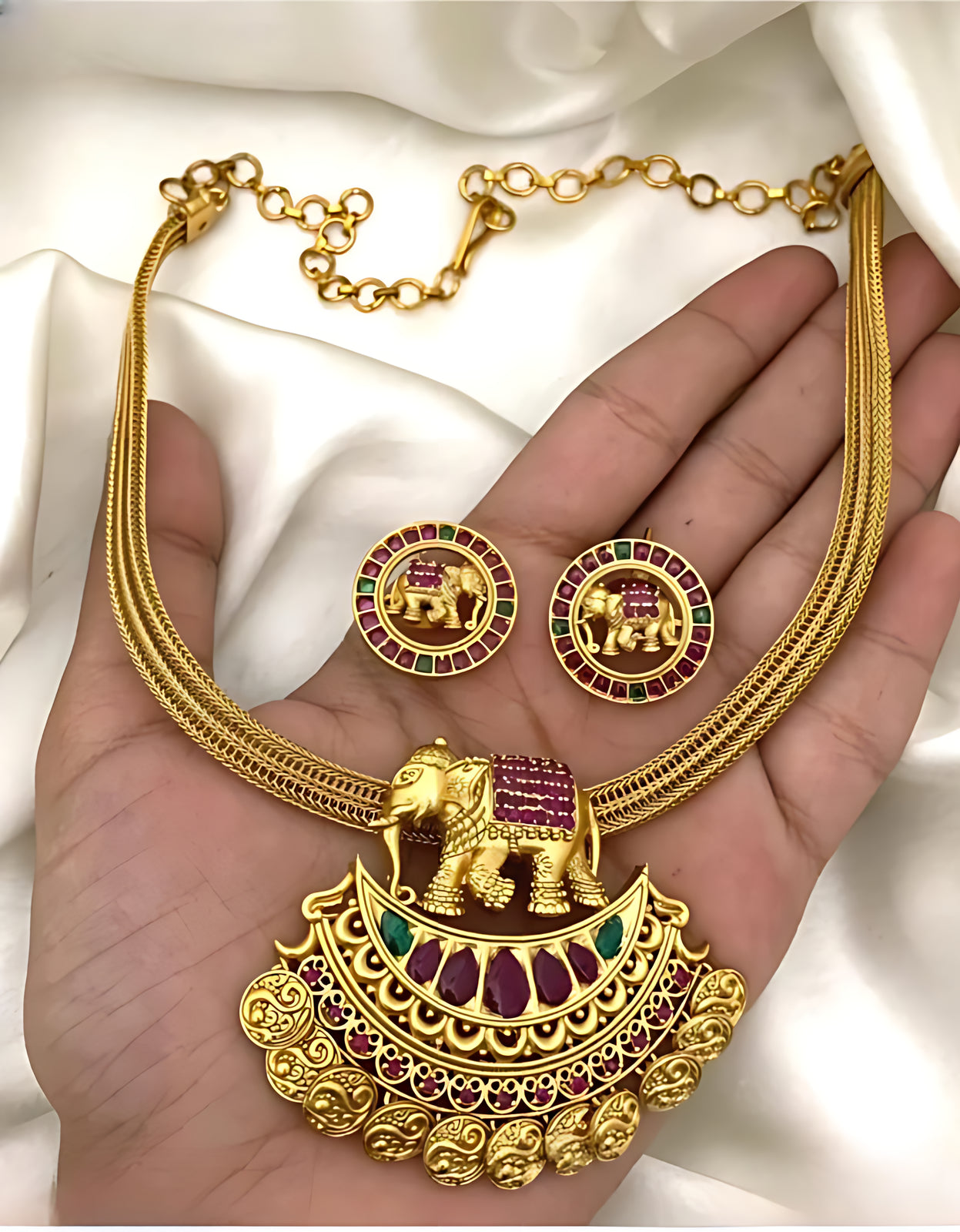 Jewel City Antique Gold Elephant Pendant Necklace Set with Ruby & Green Stones | Traditional South Indian Temple Jewelry