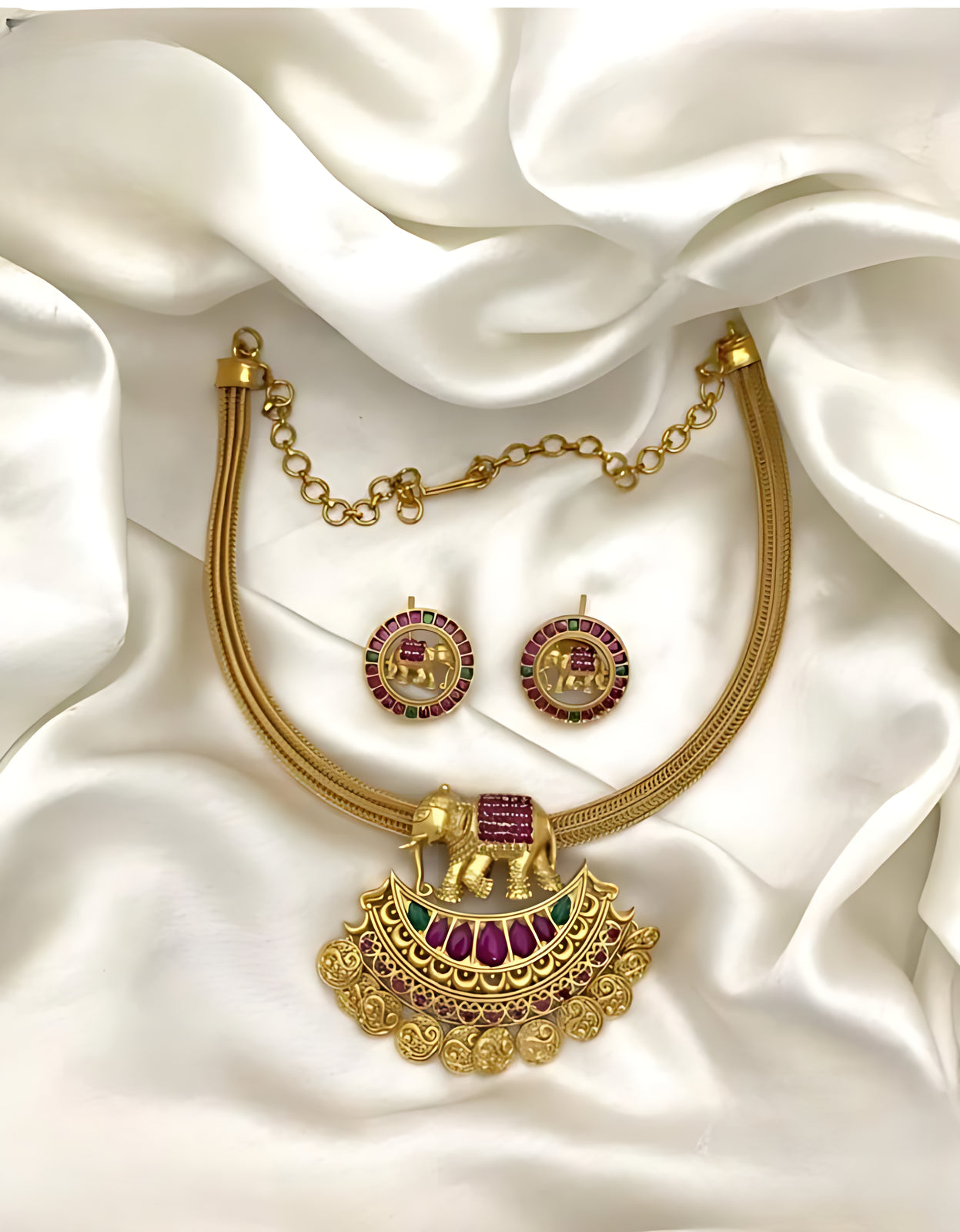 Jewel City Antique Gold Elephant Pendant Necklace Set with Ruby & Green Stones | Traditional South Indian Temple Jewelry