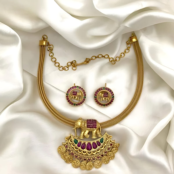 Jewel City Antique Gold Elephant Pendant Necklace Set with Ruby & Green Stones | Traditional South Indian Temple Jewelry - Distacart