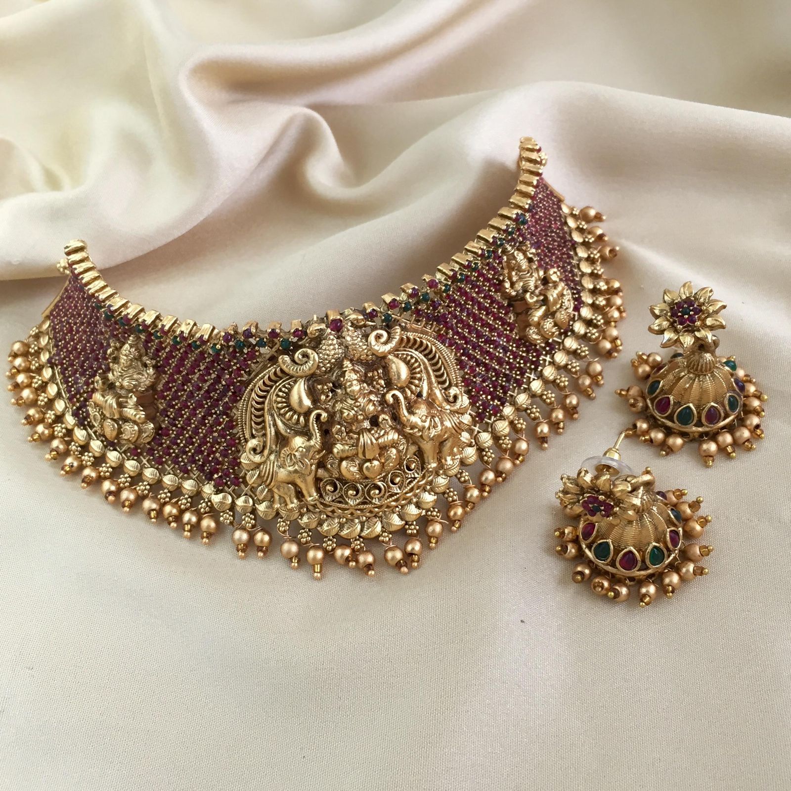 Jewel City Antique Gold Temple Lakshmi Choker Set with Ruby & Emerald Stones | Traditional Bridal Kemp Jewelry Set - Distacart