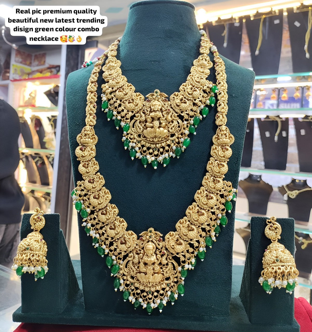 Jewel City Premium Gold Plated Double Layer Lakshmi Temple Necklace Set with Emerald Green Beads | Traditional Wedding Jewelry
